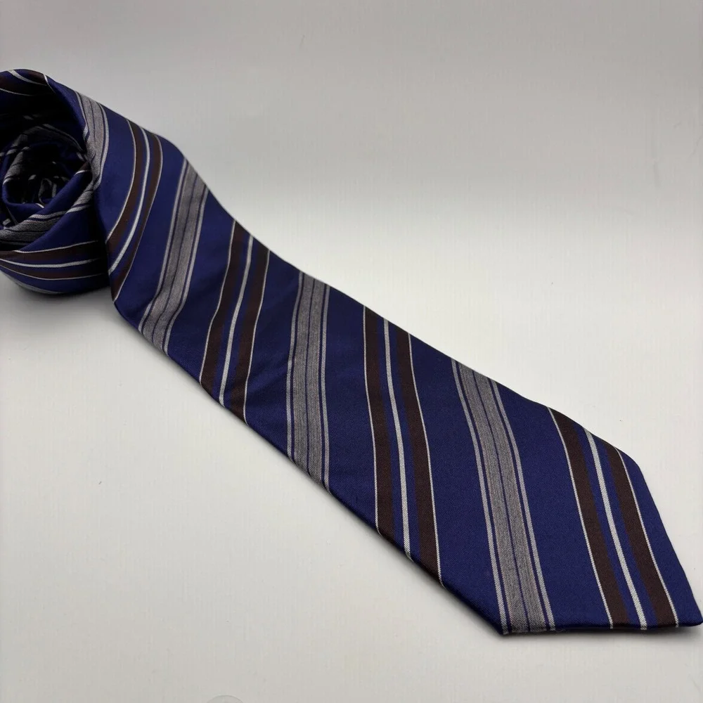 Massimo Bizzocchi Necktie Mens 3.15in Blue Brown Striped‎ Silk Made in Italy